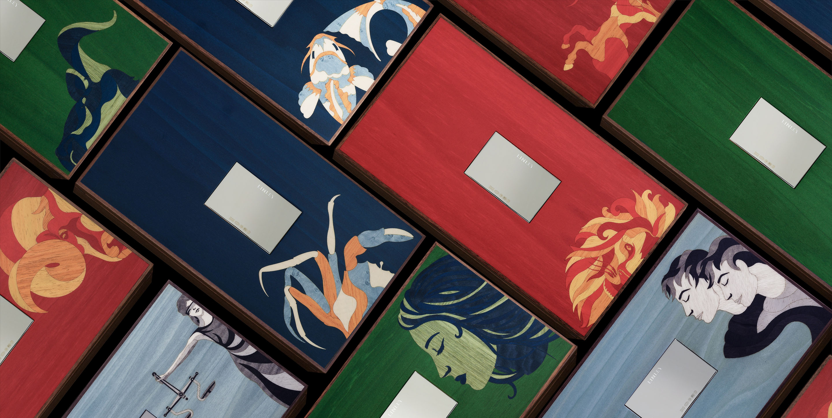 Marquetry zodiac box, overhead detail showing intricate inlay work