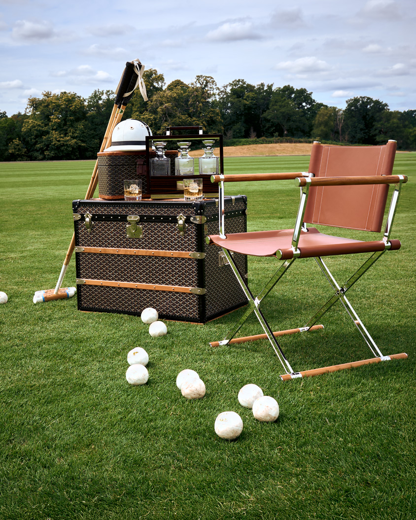 Outdoor set with directors chairs, croquet and vintage trunk